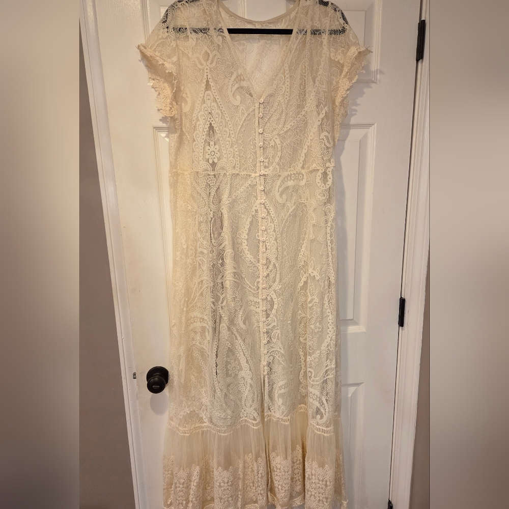 Lace Button-Front Maxi Dress in Ivory